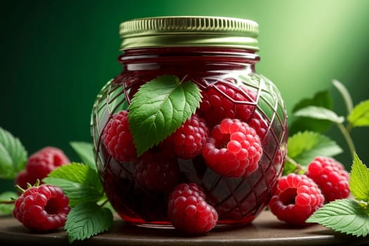 homemade raspberry jam in a jar isolated on green background .