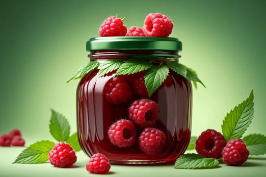 homemade raspberry jam in a jar isolated on green background .
