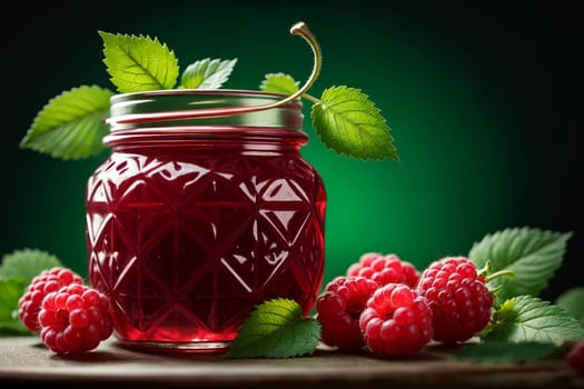 homemade raspberry jam in a jar isolated on green background .