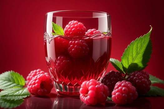 raspberry compote in a glass isolated on a red background .