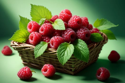 fresh raspberries in basket isolated on green background .