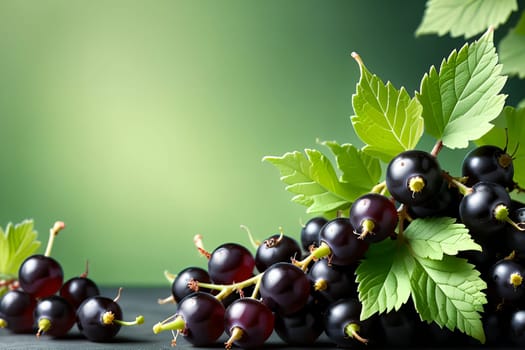 ripe black currant berries on a green background.