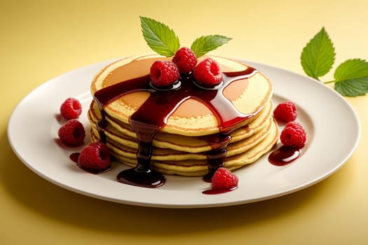 fried pancakes with raspberry jam in a plate isolated on a yellow background .