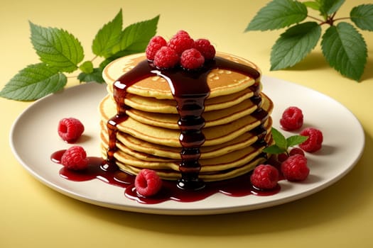 fried pancakes with raspberry jam in a plate isolated on a yellow background .