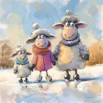 A happy cartoon painting of three smiling sheep holding hands in the snow, showcasing the fun and joy of these terrestrial mammal livestock animals