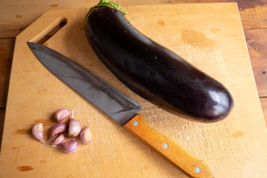 Large fresh eggplant and garlic on cutting board.