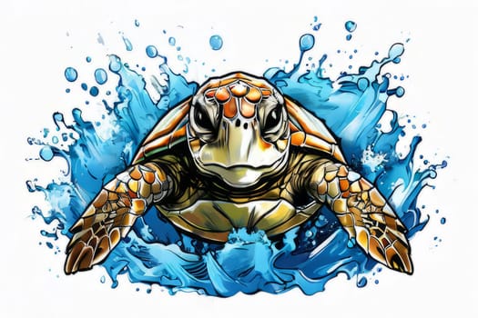 Turtle gracefully swimming in water. For educational materials for kids, game design, animated movies, tourism, stationery, Tshirt design, posters, postcards, childrens books