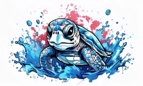 Serene turtle gracefully swimming through water amidst trail of bubbles. For fashion, clothing design, animal themed clothing advertising, as illustration for interesting clothing style, Tshirt design