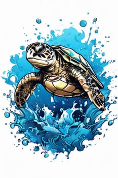 Majestic turtle is seen gliding effortlessly through water, its movements slow, graceful. For Tshirt design, posters, postcards, other merchandise with marine theme, childrens books