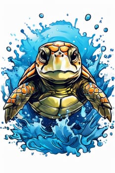 Turtle riding wave on white background. For Tshirt design, posters, postcards, other merchandise with marine theme, childrens books, educational materials for kids, tourism, stationery