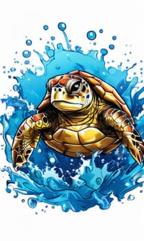 Turtle gracefully swimming in water. For educational materials for kids, game design, animated movies, tourism, stationery, Tshirt design, posters, postcards, childrens books