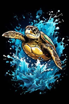 Turtle gracefully swimming in water surrounded by bubbles, showcasing its serene underwater world. For Tshirt design, posters, postcards, other merchandise with marine theme, childrens books