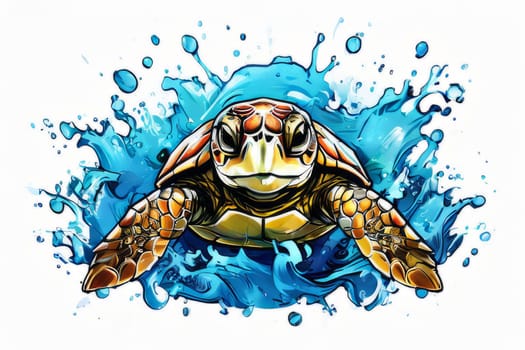 Majestic turtle glides effortlessly through clear blue waters, its shell glistening in sunlight. For educational materials for kids, game design, animated movies, tourism, stationery, Tshirt design