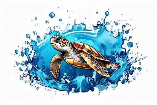 Majestic turtle is seen gliding effortlessly through water, its movements slow, graceful. For Tshirt design, posters, postcards, other merchandise with marine theme, childrens books