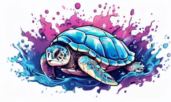 Turtle glides through its aquatic environment, showcasing beauty, tranquility of underwater world. For Tshirt design, posters, postcards, other merchandise with marine theme, childrens books, tourism