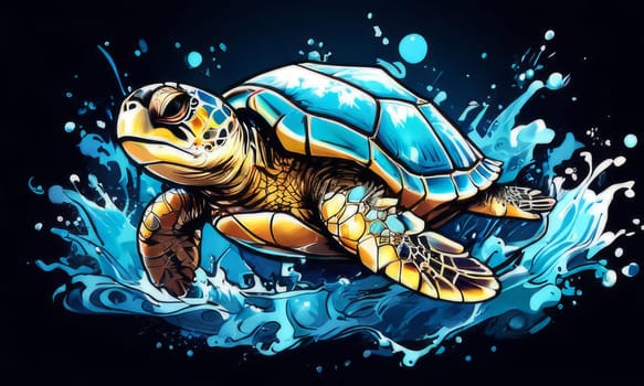 Majestic sea turtle gracefully gliding through crystal-clear waters of ocean. For educational materials for kids, game design, animated movies, tourism, stationery, Tshirt design, clothing design
