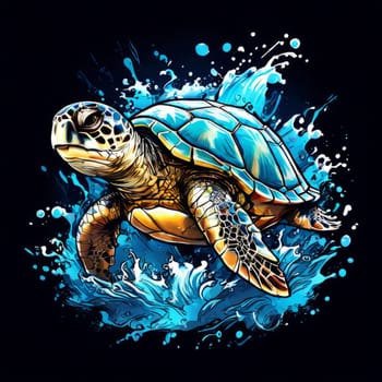 Turtle gracefully swimming in water surrounded by bubbles, showcasing its serene underwater world. For Tshirt design, posters, postcards, other merchandise with marine theme, childrens books