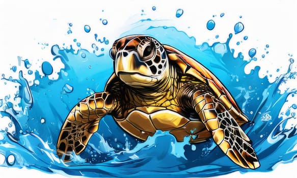 Turtle gracefully swimming in water surrounded by bubbles, showcasing its serene underwater world. For Tshirt design, posters, postcards, other merchandise with marine theme, childrens books