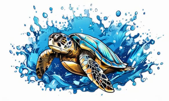 Majestic turtle glides effortlessly through clear blue waters, its shell glistening in sunlight. For educational materials for kids, game design, animated movies, tourism, stationery, Tshirt design