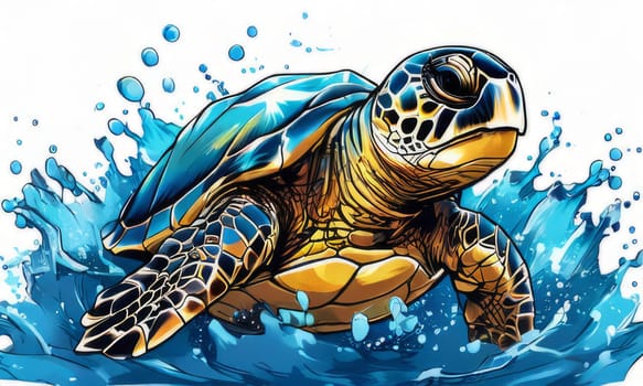 Serene turtle gracefully swimming through water amidst trail of bubbles. For fashion, clothing design, animal themed clothing advertising, as illustration for interesting clothing style, Tshirt design