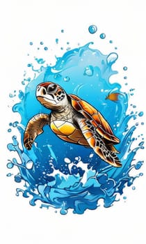 Turtle riding wave on white background. For Tshirt design, posters, postcards, other merchandise with marine theme, childrens books, educational materials for kids, tourism, stationery