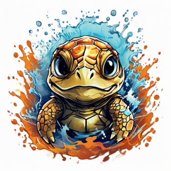 Turtle gracefully swimming in water surrounded by bubbles, showcasing its serene underwater world. For Tshirt design, posters, postcards, other merchandise with marine theme, childrens books