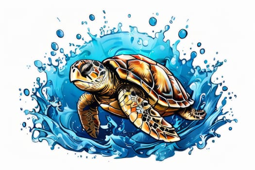 Majestic turtle glides effortlessly through clear blue waters, its shell glistening in sunlight. For educational materials for kids, game design, animated movies, tourism, stationery, Tshirt design