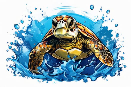 Majestic turtle is seen gliding effortlessly through water, its movements slow, graceful. For Tshirt design, posters, postcards, other merchandise with marine theme, childrens books