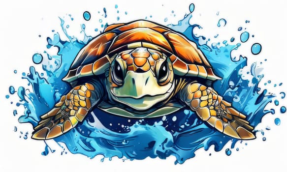 Turtle riding wave on white background. For Tshirt design, posters, postcards, other merchandise with marine theme, childrens books, educational materials for kids, tourism, stationery