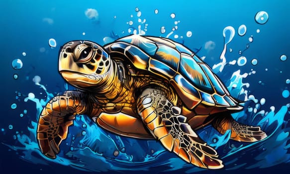 Majestic turtle glides effortlessly through clear blue waters, its shell glistening in sunlight. For educational materials for kids, game design, animated movies, tourism, stationery, Tshirt design