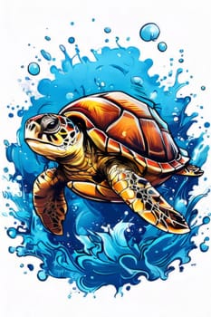 Vibrant sea turtle elegantly maneuvering its way through shimmering azure ocean depths, showcasing beauty, tranquility of marine life in its natural habitat.For fashion, clothing design, Tshirt design