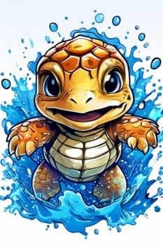 Turtle gracefully swimming in water surrounded by bubbles, showcasing its serene underwater world. For Tshirt design, posters, postcards, other merchandise with marine theme, childrens books