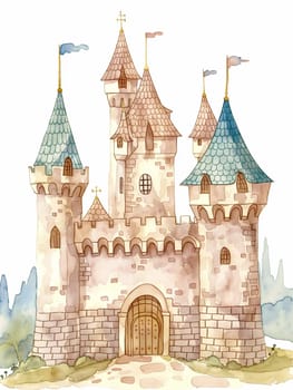 This image depicts a whimsical, hand-drawn illustration of a fairytale castle with towers adorned with flags, set against a backdrop of rocky terrain.