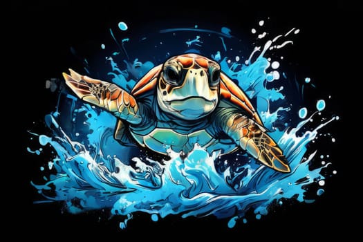 Turtle gracefully swimming in water surrounded by bubbles, showcasing its serene underwater world. For Tshirt design, posters, postcards, other merchandise with marine theme, childrens books