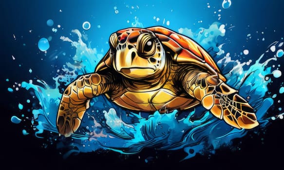 Turtle glides through its aquatic environment, showcasing beauty, tranquility of underwater world. For Tshirt design, posters, postcards, other merchandise with marine theme, childrens books, tourism