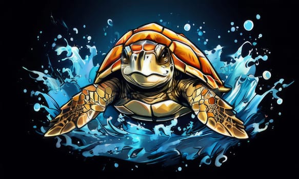 Turtle gracefully swimming in water surrounded by bubbles, showcasing its serene underwater world. For Tshirt design, posters, postcards, other merchandise with marine theme, childrens books