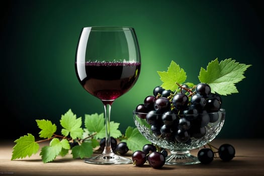 black currant liqueur, wine in a glass isolated on a green background .