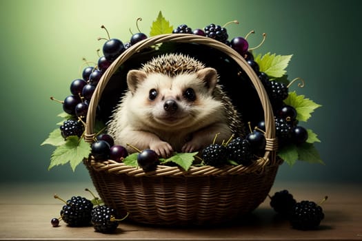 cute hedgehog in a basket with black currant .