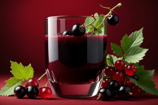 black currant compote in a glass isolated on a red background .