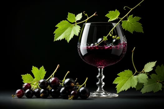 black currant liqueur, wine in a glass isolated on a green background .