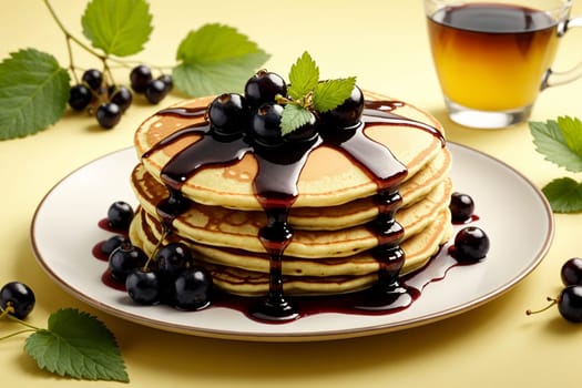 fried pancakes with black currant jam in a plate isolated on a yellow background .