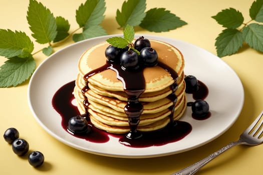 fried pancakes with black currant jam in a plate isolated on a yellow background .