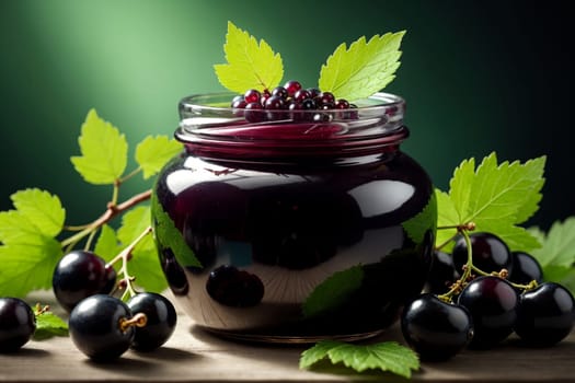 homemade black currant jam in a jar isolated on green background .