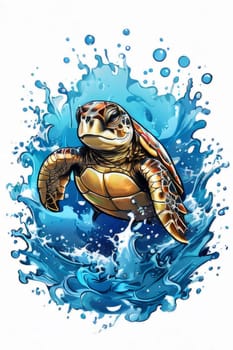 Turtle riding wave on white background. For Tshirt design, posters, postcards, other merchandise with marine theme, childrens books, educational materials for kids, tourism, stationery