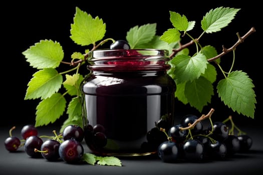 homemade black currant jam in a jar isolated on black background .
