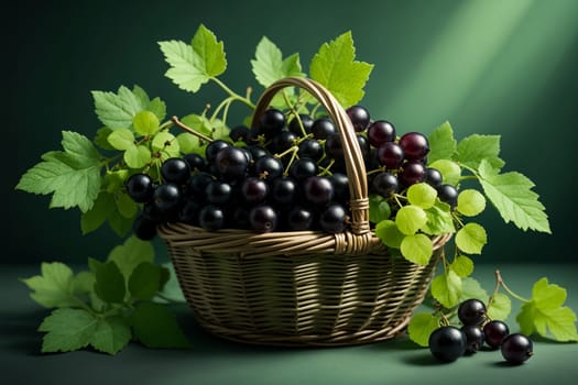 fresh black currant in basket isolated on green background .
