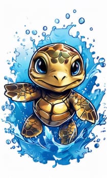 Serene turtle gracefully swimming through water amidst trail of bubbles. For fashion, clothing design, animal themed clothing advertising, as illustration for interesting clothing style, Tshirt design