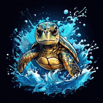 Serene turtle gracefully swimming through water amidst trail of bubbles. For fashion, clothing design, animal themed clothing advertising, as illustration for interesting clothing style, Tshirt design