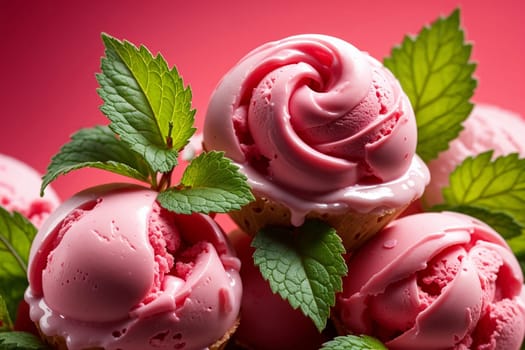pink black currant ice cream isolated on red background .