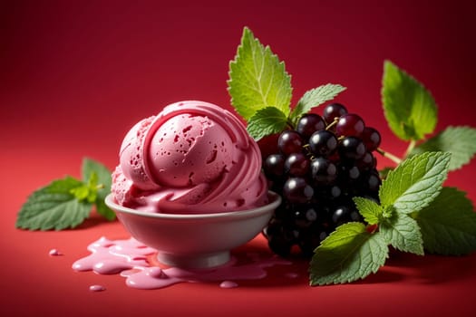 pink black currant ice cream isolated on red background .